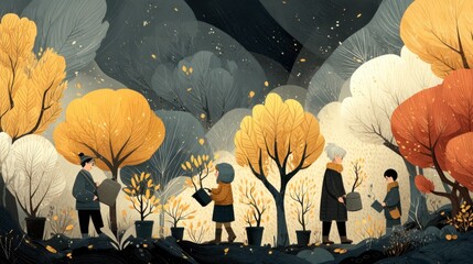 People Planting Trees in Colorful Autumn Landscape Illustration
