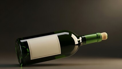 Green Glass Wine Bottle Mockup with Blank Label Lying on Dark Elegant Surface