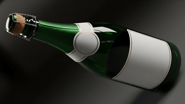 Premium Champagne Bottle Mockup with Blank Labels and Wire Cage Cork on Dark Background