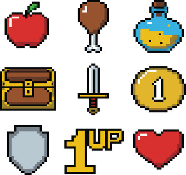 Retro pixel art video game assets set with treasure chest, apple, chicken leg, sword, and heart