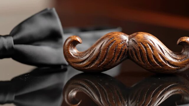 Elegant Whisker: A stylish wooden mustache paired with a classic black bow tie, exuding sophistication and timeless charm, ready for a special occasion.