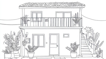 Two-story house drawing, landscaping, outdoor scene, coloring book illustration, possible use as a design reference