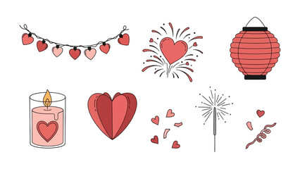 Love and Celebration: A vibrant collection of Valentine's Day or celebratory elements, featuring heart-shaped string lights, stylized fireworks, traditional paper lantern.