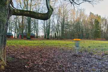 Disc Golf Basket in Scenic Park with Red Cabins and Bare Trees