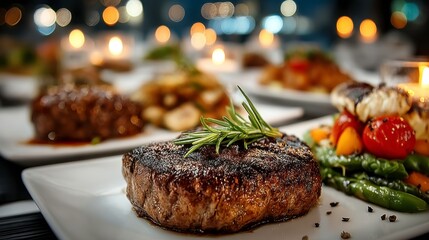 Gourmet Steak with Fresh Herbs and Colorful Side Dishes