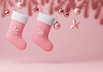 Two adorable pink christmas stockings hang from a rose gold tinsel garland with ornaments
