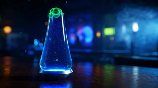 Glowing blue conical flask in a science laboratory experiment