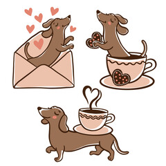 Cute dachshund love illustration set with envelope, hearts and coffee cup. Hand drawn romantic dog designs isolated on transparent background, perfect for Valentine&rsquo;s Day, stickers