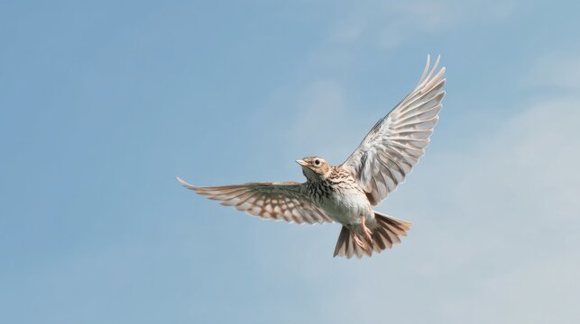 skylark. A skylark bird soaring high in the blue sky with its wings fully spread. wildlife magazines, conservation campaigns, designed for eco-tourism storytelling, promotes animal welfare.
