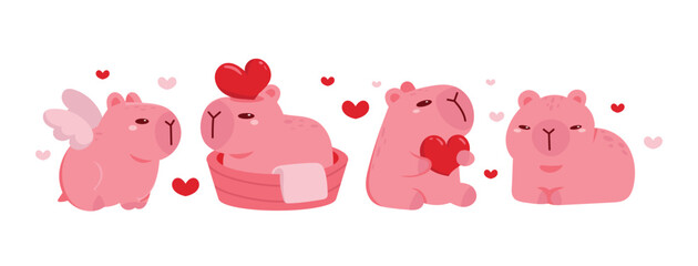 Cute Pink Capybara Angel and Love Poses Valentine Flat Vector Set
