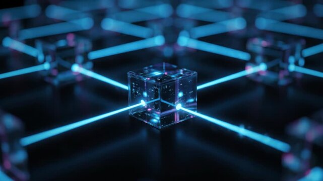 Futuristic Blockchain Network with Glowing Blue Connections and Glass Cubes.