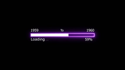 Loading 100 percent complete progress bar digital interface technology modern design white color 4k illustration. New year 1959 to 1960 loading. Neon bright rectangle frame black background.
