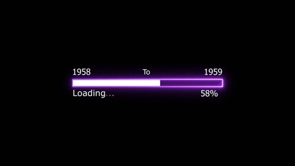 Loading 100 percent complete progress bar digital interface technology modern design white color 4k illustration. New year 1958 to 1959 loading. Neon bright rectangle frame black background.