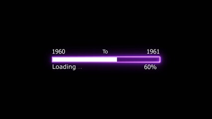 Loading 100 percent complete progress bar digital interface technology modern design white color 4k illustration. New year 1960 to 1961 loading. Neon bright rectangle frame black background.