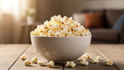A bowl of freshly popped popcorn on a table