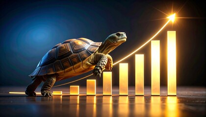 A tortoise climbing a rising golden bar graph with a glowing upward arrow against a dark blue background