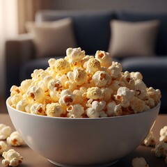 A bowl of freshly popped popcorn on a table