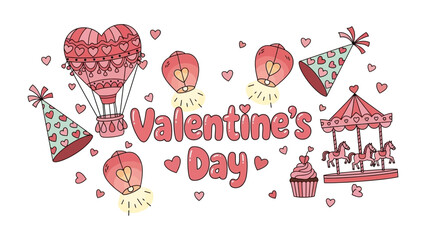 Valentine's Day Decorations: This artwork encapsulates the spirit of Valentine's Day with an array of charming decorations, featuring heart-shaped elements, hot air balloons, and festive ornaments.