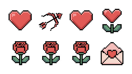 Pixelated Love: A collection of pixel art elements, including hearts, a Cupid's arrow and bow, rose, and envelope, creates a sense of digital affection and romance.