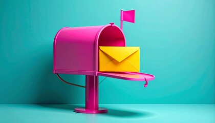 Bright pink 3D mailbox with a yellow envelope inside against a solid teal background