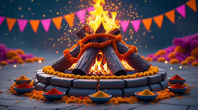 Ceremonial Festival Fire with Marigold Garlands and Offerings, Traditional Ritual Celebration