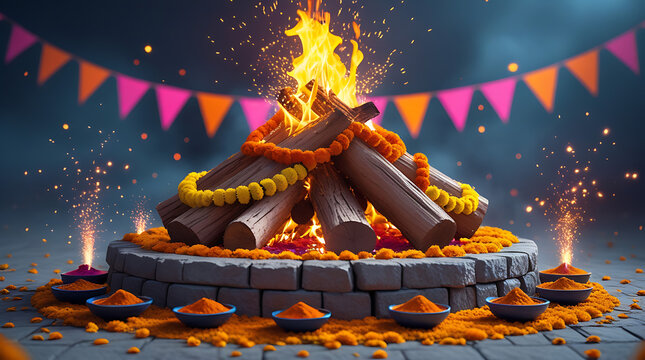Ceremonial Festival Fire with Marigold Garlands and Offerings, Traditional Ritual Celebration