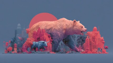 Dynamic Bear and Bull Artwork with Urban Landscape Background