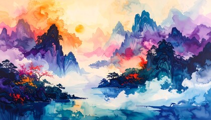 Vibrant Watercolor Painting of Mountains and Lake.