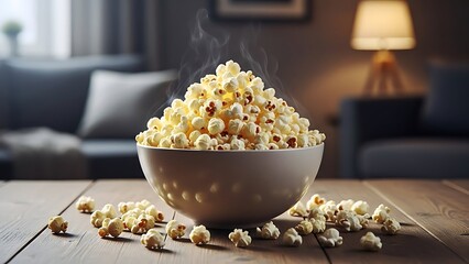 A bowl of freshly popped popcorn on a table