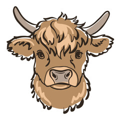 Cute Swedish cow head cartoon illustration in warm brown tones. Hand drawn Scandinavian farm animal portrait isolated on transparent background, perfect for kids design, nursery art, stickers