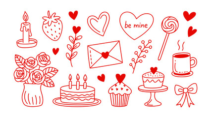 Valentine's Day Doodle: A collection of charming Valentine's Day themed illustrations, including a candle, strawberry, heart, flowers, cake, and sweet treats. 