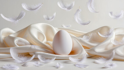 An elegant still life in bright tones. A single white egg lies in the folds of satin or silk fabric, surrounded by delicate white feathers floating in the air. A symbol of purity, fragility, and tende