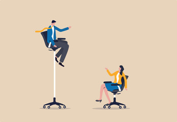 Gender gap and inequality in work, pay gap or advantage for man over woman in career path concept, businessman sitting on high office chair over businesswoman sit on normal chair discussing work.
