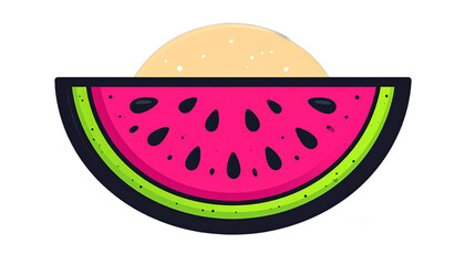 A cartoon watermelon slice with black seeds and a scoop of yellow ice cream on top.
