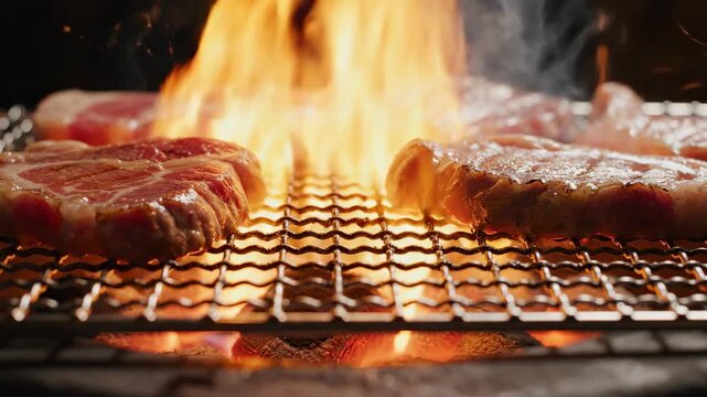 Culinary Symphony of Fire: Sizzling raw steak delicacies, expertly seared over a glowing grill, the heart of culinary excellence.  