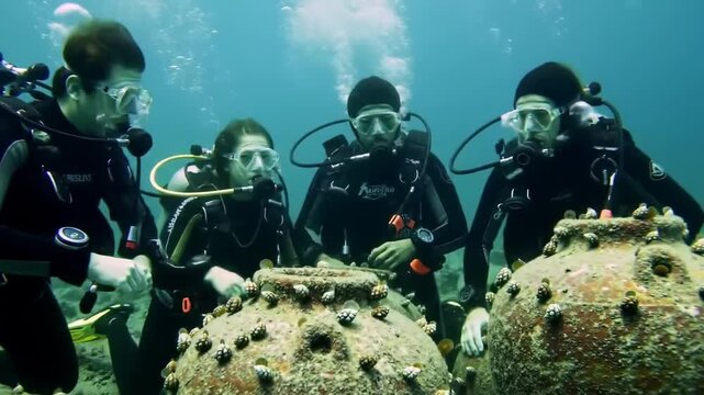 Divers examine ancient amphorae underwater; bubbles in the background. Use archeology, tourism, exploration