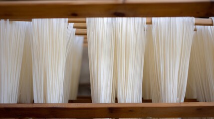 somen. Thin white Japanese somen noodles arranged neatly on a traditional bamboo drying rack, highlighting texture and orderly lines. lifestyle magazines.
