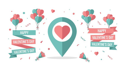 Valentine's Day Icon: An animated Valentine's Day illustration, featuring heart-shaped balloons, banners, a location pin, and bouquets, the image is filled with romantic symbolism.