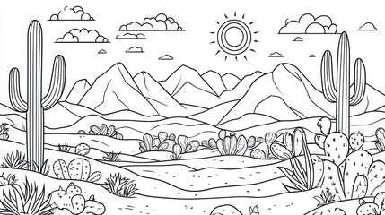 Desert landscape coloring page, mountains, cacti, sun. Coloring book