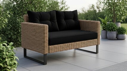 Modern outdoor wicker sofa with black cushions isolated on white background