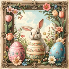 Vintage Easter Bunny with Decorated Eggs.