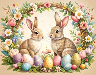 Two Rabbits Surrounded by Easter Eggs and Flowers.