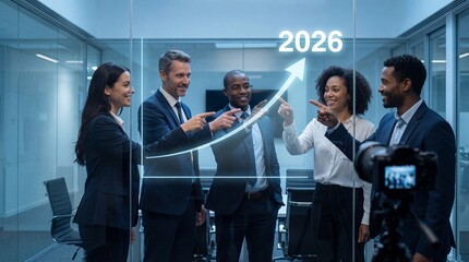 Diverse Business Professionals Team Pointing at Digital 2026 Growth Graph Arrow on Glass Wall in Modern Office Corporate Success Strategy and Future Planning Vision