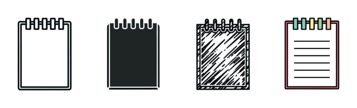 Set of four spiral notepad icons in various artistic styles including outline, silhouette, hand-drawn sketch, and colored line art for graphic design