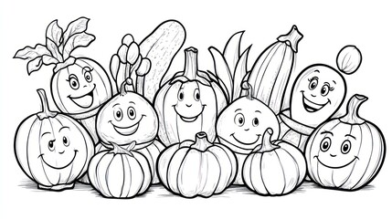 Cartoon vegetables group, happy faces, diverse shapes, coloring book