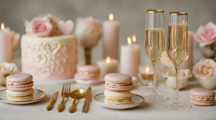 Elegant dessert table macarons champagne glasses candles valentines wedding celebration