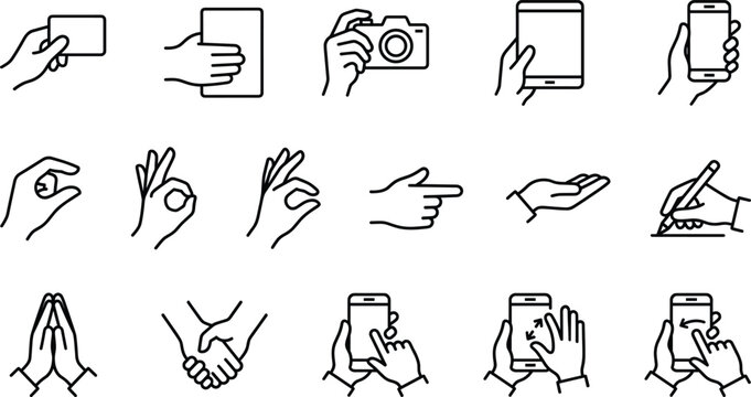 Set of hand gesture icons featuring mobile phone interactions, holding credit card, camera, tablet, writing, handshake, prayer, and various finger signs.