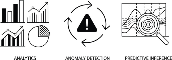 Data analytics anomaly detection and predictive inference line icon set for artificial intelligence machine learning and business statistics visualization.
