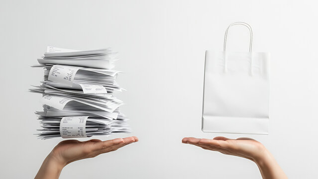 Stack of Paper Receipts vs. Clean White Shopping Bag in Hands. Financial Burden, Tax, Accounting, and Retail Comparison Concept on White.