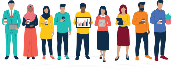 Diverse Multiethnic Business People Group Standing Together Holding Digital Devices Laptops and Smartphones for Modern Corporate Teamwork Communication Concept